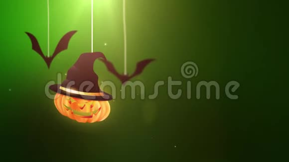 万圣节绿色背景动画南瓜和蝙蝠掉下来挂在弦上视频的预览图