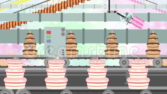 多个生日蛋糕在工厂传送带的卡通风格视频的预览图