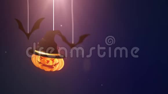 万圣节蓝色背景动画南瓜和蝙蝠掉下来挂在弦上视频的预览图