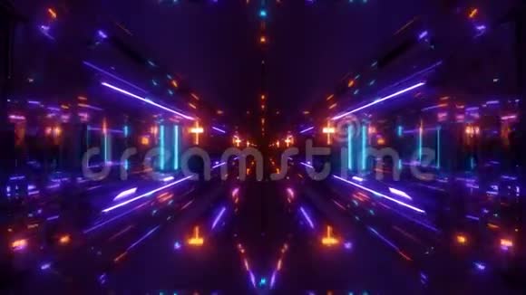 未来主义科幻空间隧道走廊与神圣发光基督教十字和反射三维插图运动视频的预览图