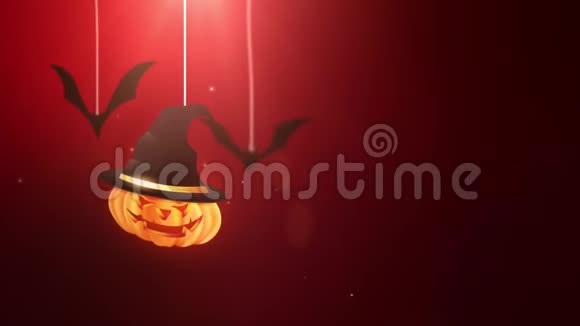 万圣节红色背景动画南瓜和蝙蝠掉下来挂在弦上视频的预览图