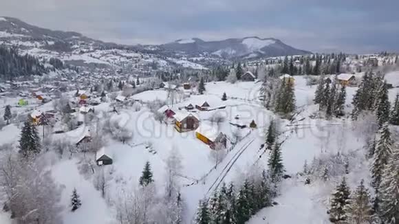 飞越雪山村和针叶林晴朗晴朗的霜冻天气视频的预览图