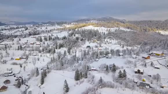 飞越雪山村和针叶林晴朗晴朗的霜冻天气视频的预览图