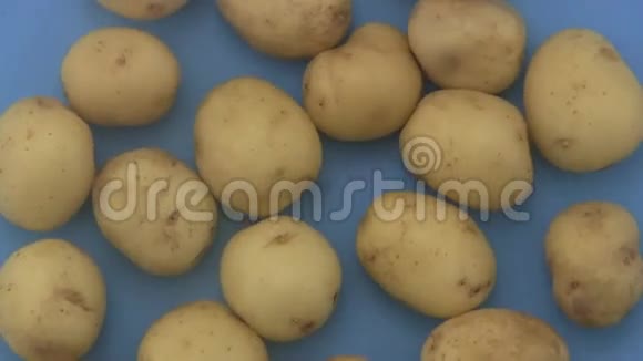 在蓝色背景上旋转的新鲜有机土豆视频的预览图