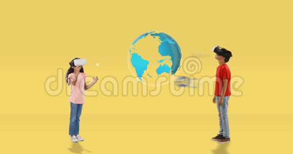 男孩和女孩使用虚拟现实耳机与数字生成的旅行图标4k视频的预览图