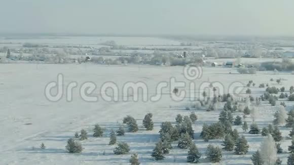 冬天田野里覆盖着雪鸟瞰冬季景观乡村森林田野冬季视频的预览图