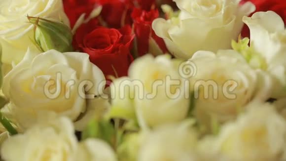 鲜艳的红白玫瑰花束特写视频的预览图