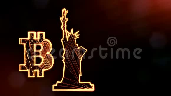 比特币标志和自由雕像金融背景由辉光粒子作为图像全息图三维环视频的预览图