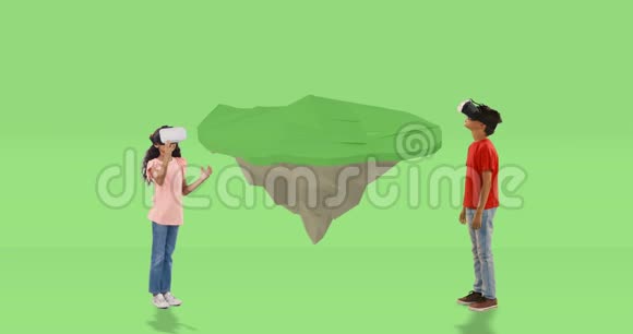男孩和女孩使用虚拟现实耳机与数字生成的旅行图标4k视频的预览图