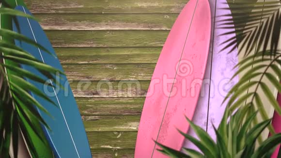 特写冲浪板和热带树叶夏季背景视频的预览图