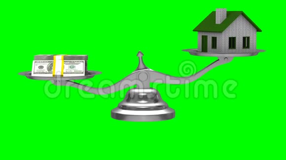 房子和钱的天平孤立的三维渲染绿色背景视频的预览图