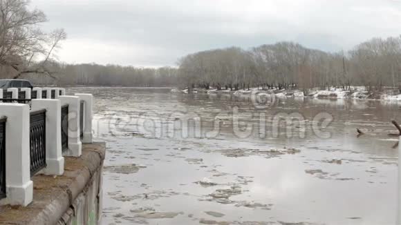 春天的河流有肮脏的棕色水和冰浮冰视频的预览图