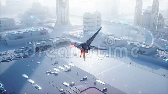 科幻船飞越未来的雾城空中观景未来的概念逼真的4K动画视频的预览图