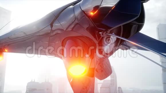 科幻船飞越未来的雾城空中观景未来的概念逼真的4K动画视频的预览图