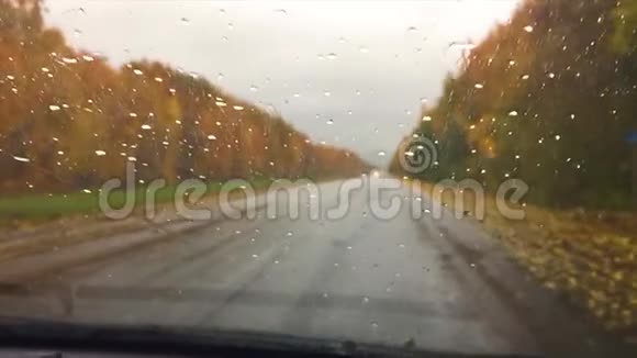 汽车行驶在路上旅行秋天美丽的风景林雨滴在玻璃车上模糊的背景缓慢视频的预览图