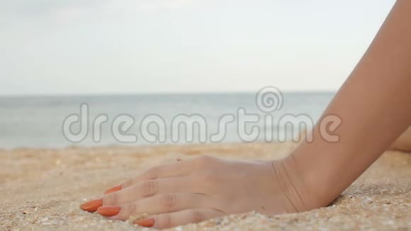 海滩上的贝壳在手里夏日海滩概念视频的预览图