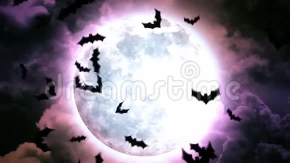 万圣节月亮和蝙蝠在紫色天空和云彩视频的预览图