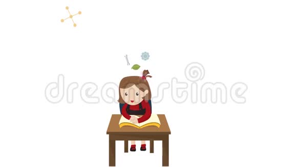 一个女孩子的卡通动画正在她桌上用科学数学化学生物工程阅读教育书籍视频的预览图