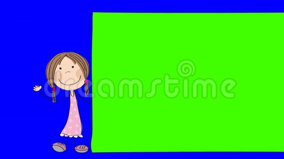 一个快乐的小女孩站在空白的横幅板后面挥舞着动画手绘卡通人物能够循环视频的预览图