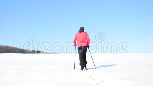 冬季游客带着雪鞋在雪地漂流中行走穿着粉色运动夹克的徒步旅行者和穿着雪鞋的黑色徒步旅行者视频的预览图