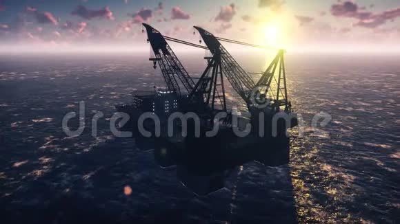 石油平台海上平台或海上钻井平台在日落时真实的电影动画视频的预览图