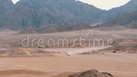 在埃及沙漠中一列四方自行车在山脉的背景下行驶驾驶ATV视频的预览图