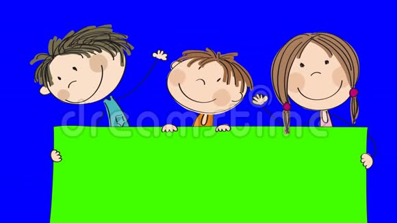 三个快乐的小朋友站在他们手中的空白横幅木板后面的动画手绘卡通视频的预览图