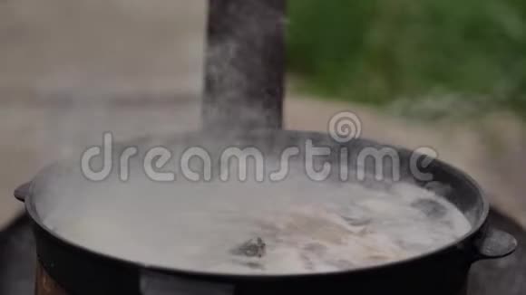 夏天在户外煮鱼汤表面泡水蒸汽充足视频的预览图