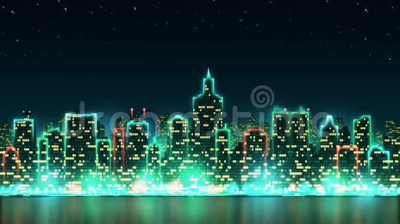 城市夜空的天际线上有明亮的灯光和星空背景上的动画窗口无缝的循环视频的预览图