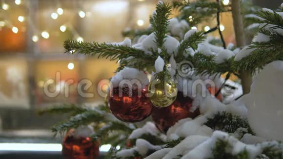 挂在圣诞树上的圣诞玩具彩色花环这个城市为圣诞节装饰视频的预览图