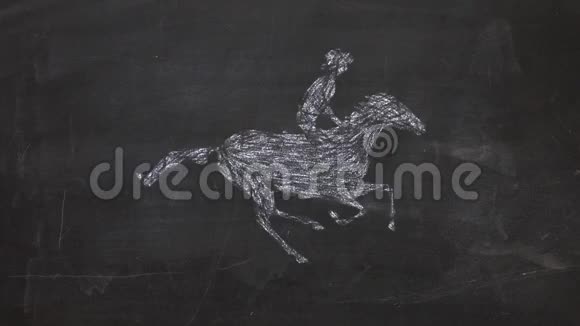 粉笔蜡笔手绘风格卡通牛仔马上跑黑板背景新动态动画无缝视频的预览图