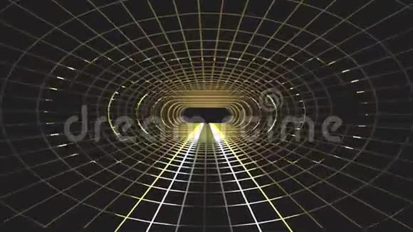 无止境的霓虹灯黄灯能源网网络复古VR隧道飞行运动图形动画背景无缝视频的预览图