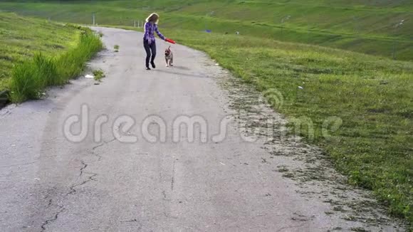 下面的动作年轻的女孩玩狗品种美国斯塔福德郡猎犬视频的预览图