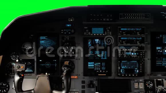 未来派飞行员驾驶舱约克与一个完整的操作仪表板上的绿色屏幕上的绿色屏幕视频的预览图