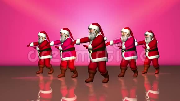 穿着红色西装的五个欢快的圣诞老人在跳舞3D渲染视频的预览图
