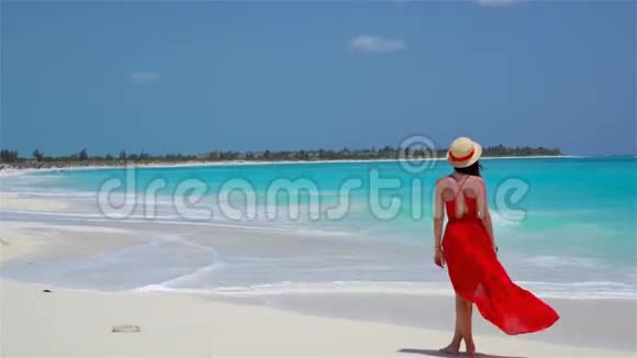 热带海滨的年轻美女年轻女孩穿着漂亮衣服的后景背景是大海视频的预览图