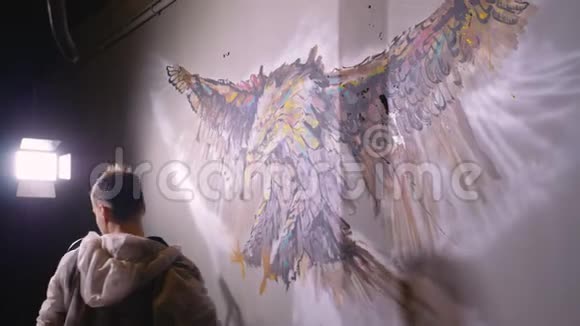 艺术家设计师在墙上画一只鹰工匠装饰师用丙烯酸油彩画一幅画画家视频的预览图