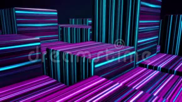 霓虹灯线上的立方体抽象明亮的霓虹灯立方体摘要动画与移动立方数字空间黑暗视频的预览图