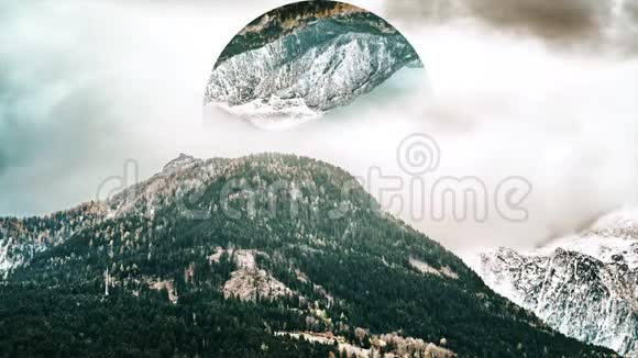 抽象山上覆盖着绿色的森林和雪大圆与景观倒映山地视频的预览图