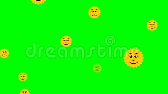 太阳形状的黄色表情符号不同的面部表情绿色屏幕上的脸幸福恶作剧的象征视频的预览图