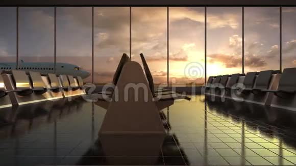 起飞飞机在飞行等候大厅日落移动摄像机视频的预览图