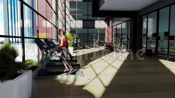 健身房里有各种健身器材人们在跑步机上行走视频的预览图