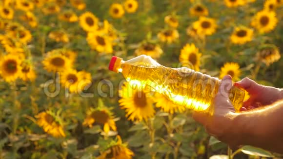 老人特写阳光农夫葵花油概念农业农夫手里拿着一个塑料瓶视频的预览图