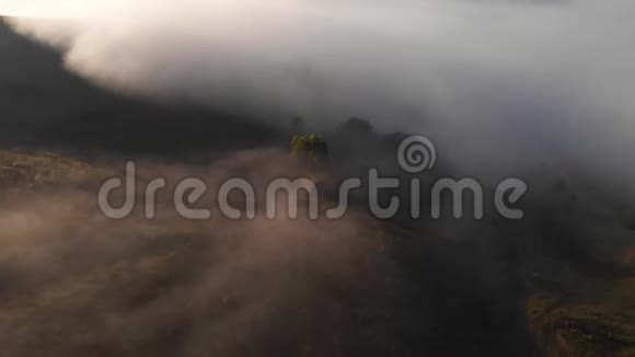 从山上和森林上空俯瞰雾蒙蒙的日出视频的预览图