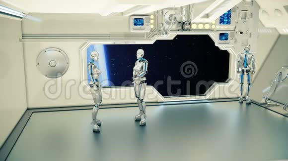 在宇宙飞船上的机器人在背景行星地球上争论不明飞行物的未来概念视频的预览图