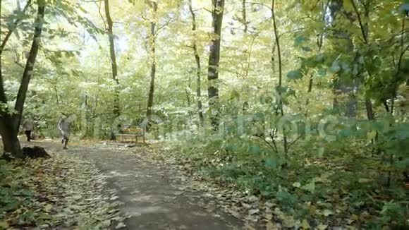 一个女孩在公园里跑步那个女孩穿过秋天的公园视频的预览图
