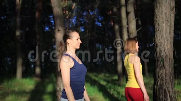 两个女孩在森林日落时冥想练习瑜伽健身运动慢动作视频的预览图