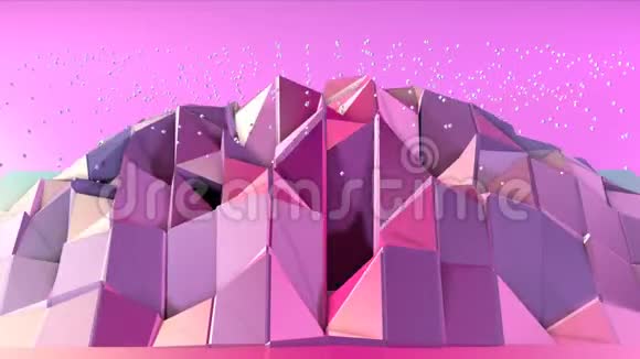抽象简单的蓝色粉红色低聚三维表面和飞行白色晶体作为超现实地形软几何低聚视频的预览图