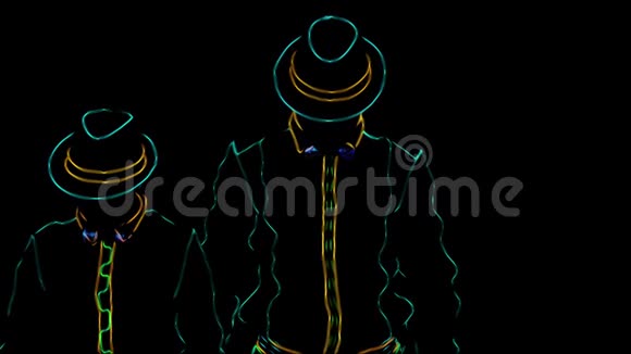 巴门表演安尼姆动画业绩酒吧服务员和酒吧服务员穿着黑色背景的霓虹灯制服视频的预览图