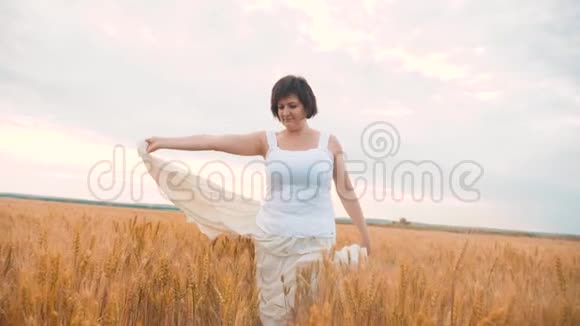 加上大小时尚模特在慢动作视频行走白色连衣裙在田间小麦生活方式对自然的影响视频的预览图